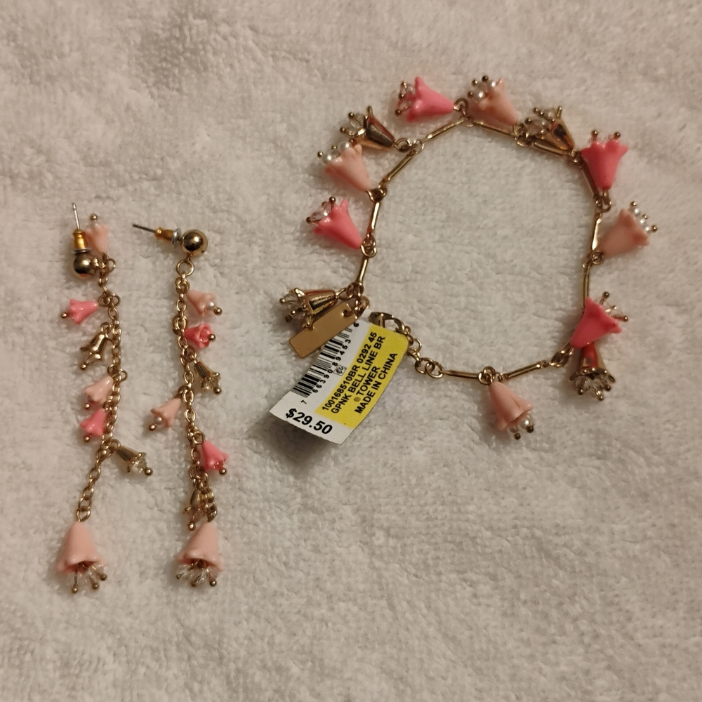 Gold-Tone Pink Floral Charm Bracelet & Drop Earrings Set